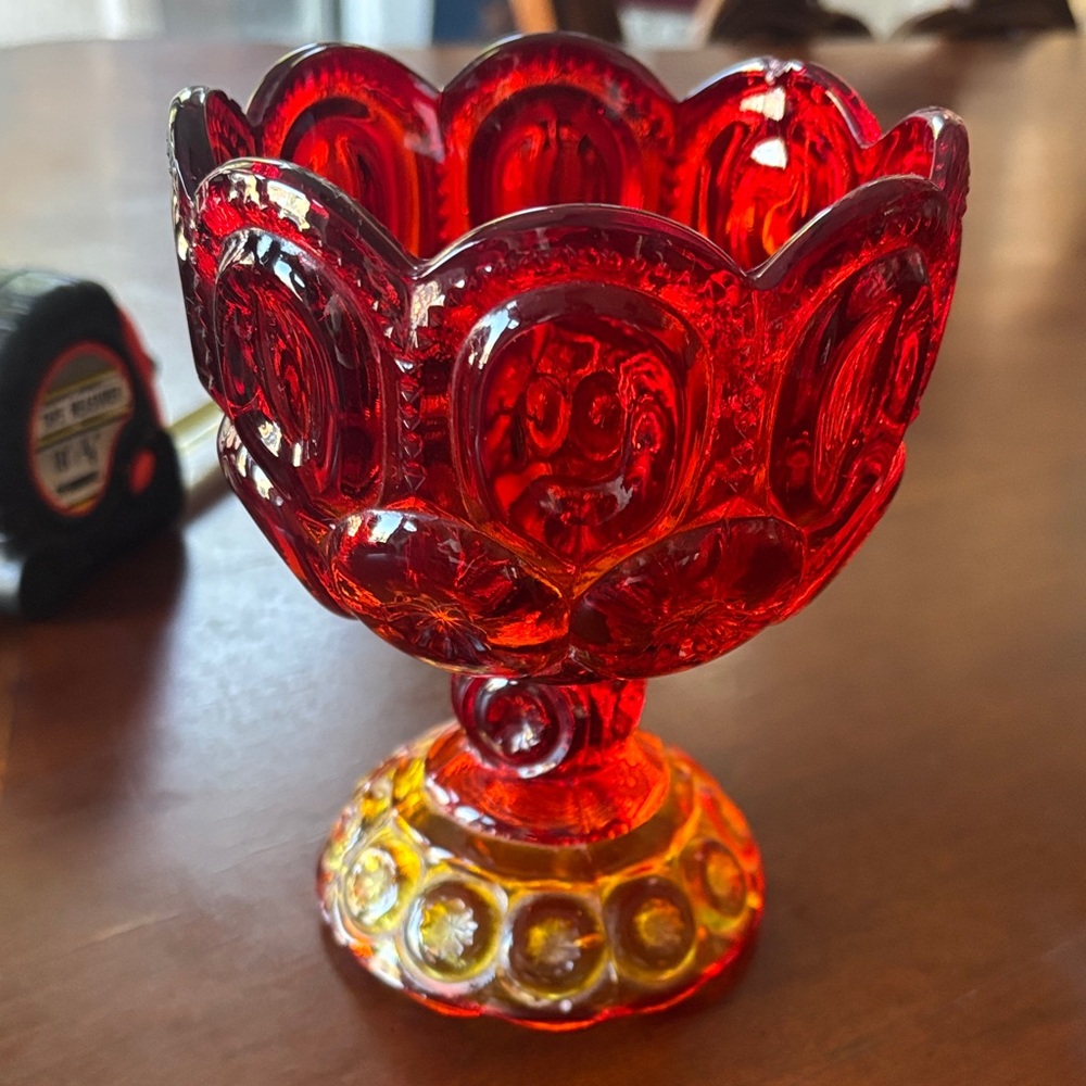 Ruby and Amber Raised Medallion Glass Pedestal Compote